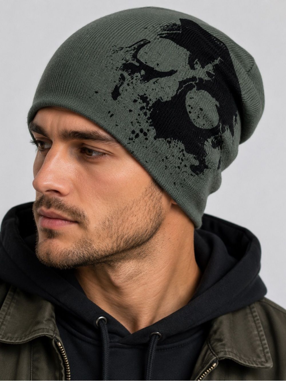 Men’s Knit Geometric Pattern Beanie Hat OS Adult